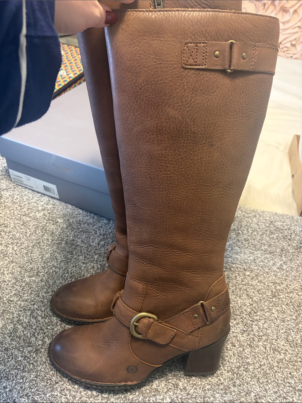 Born Tan Leather Mid-Calf Riding Boots with Buckle